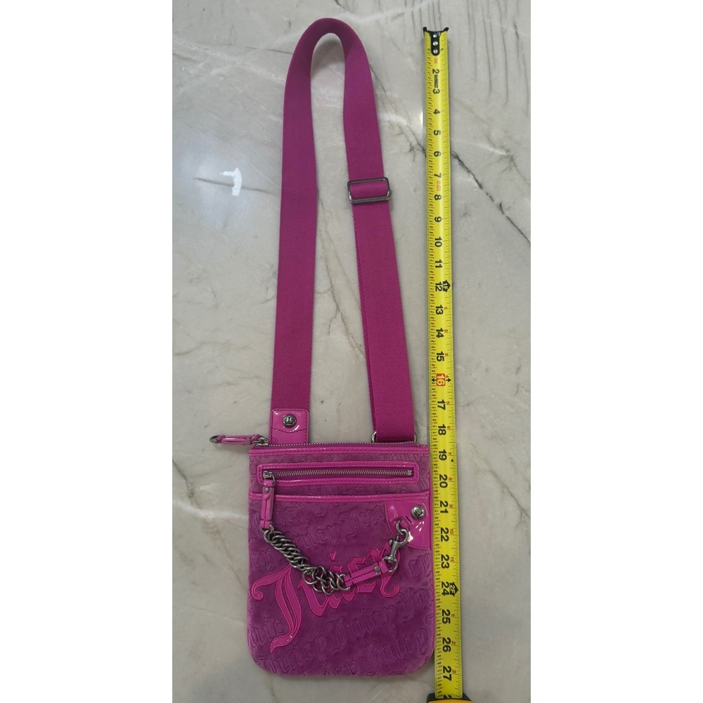 Juicy Couture Pink Velour Embossed Logo Crossbody Bag Y2K Patent Trim Chain #113 - Picture 13 of 15